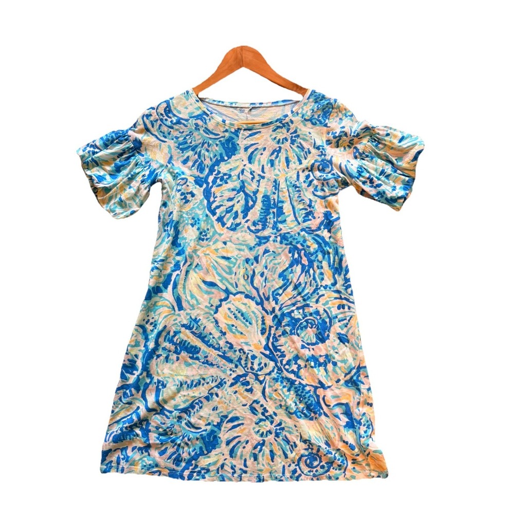 Lilly Pulitzer Mini Lindell girls dress, puff sleeves, size XL 12-14, blue